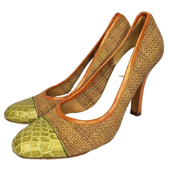 PRADA Woven Color Block Orange Croc Cap Toe Green Leather Trim Pumps Size 37 EU